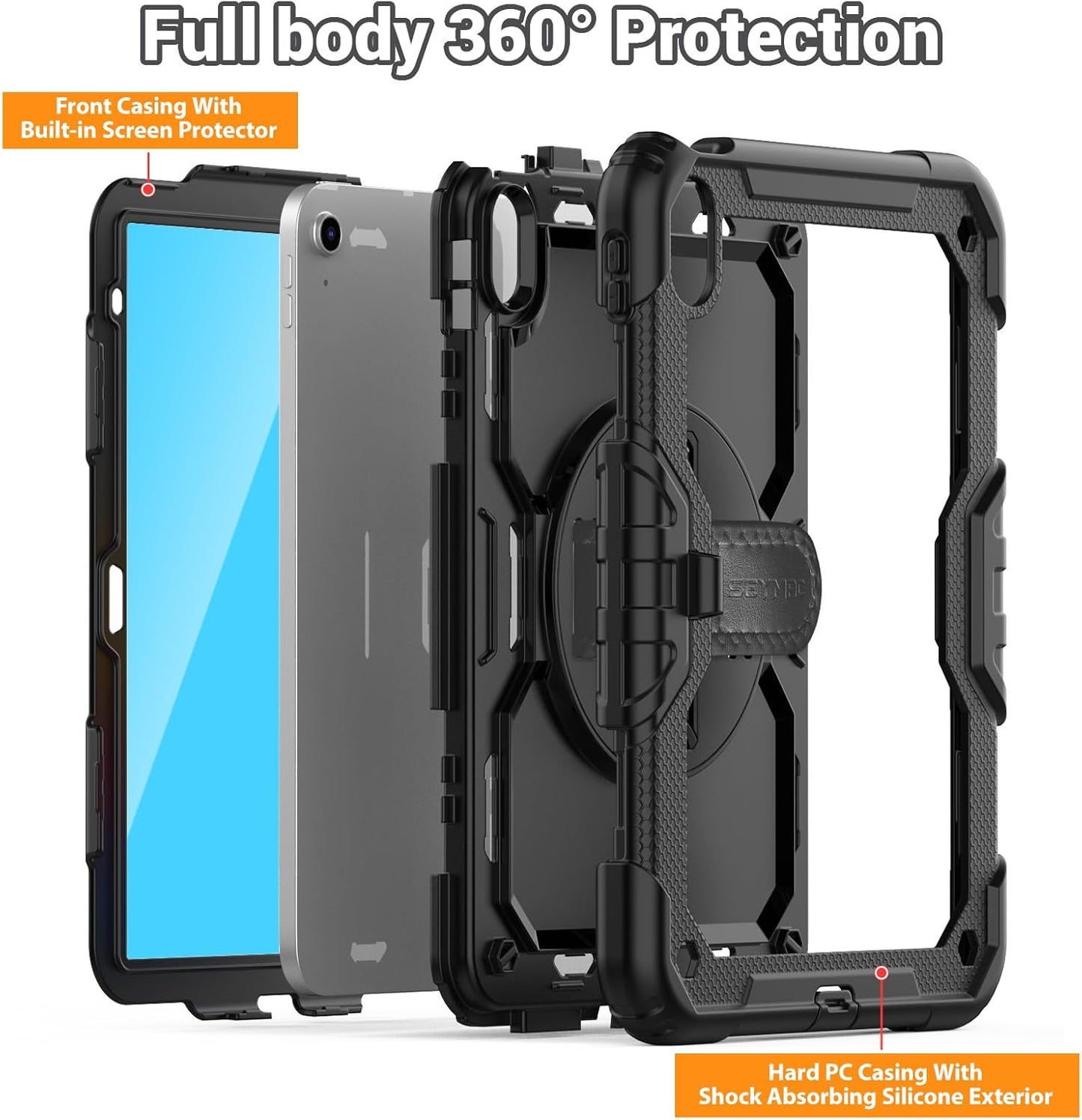 SEYMAC for iPad (A16) 11th/10th Generation Case 2025/2022 (11″/10.9″), Sturdy Heavy Duty Full-Body Shockproof Protective Case with Screen Protector, Rotating Stand, Hand/Shoulder Strap, Black