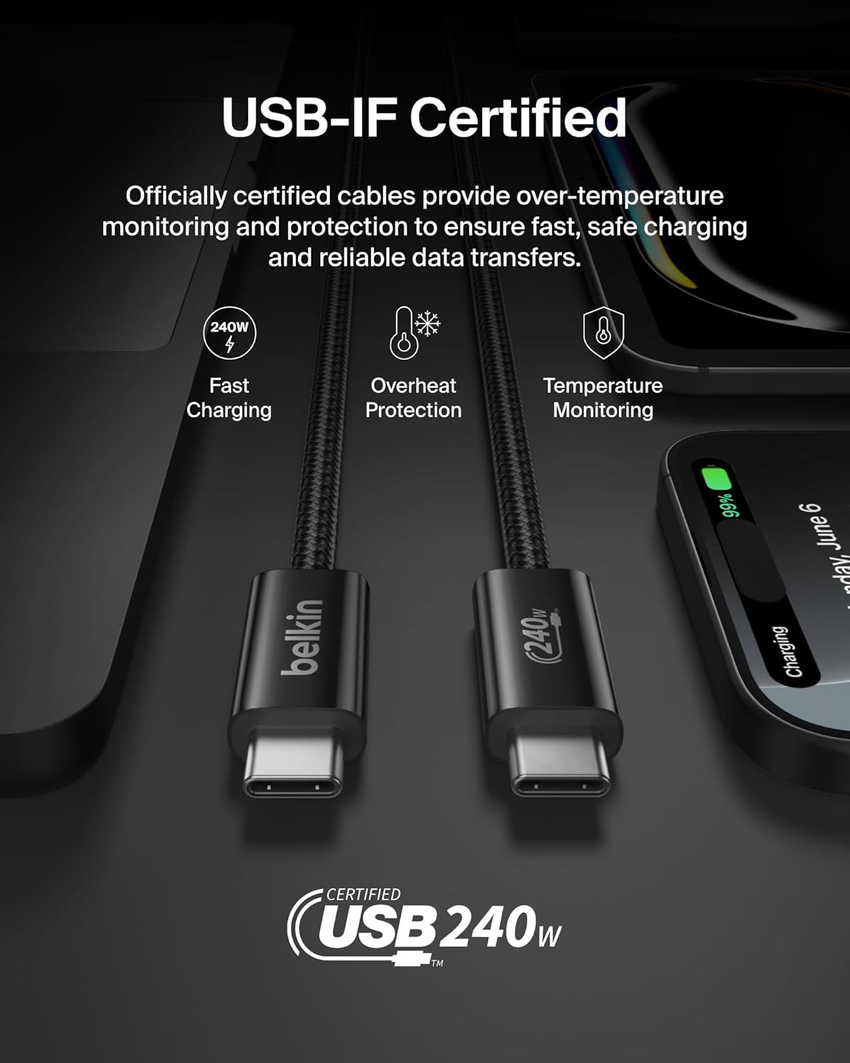 Belkin USB C to USB C Cable, 6.6ft, 240W - Type C Charger, iPhone Charger Cord, Soft, Braided, Flexible for iPhone 17, Galaxy S25, Pixel 10, MacBook, Chromebook, iPad Pro, Switch Steam Deck – Black