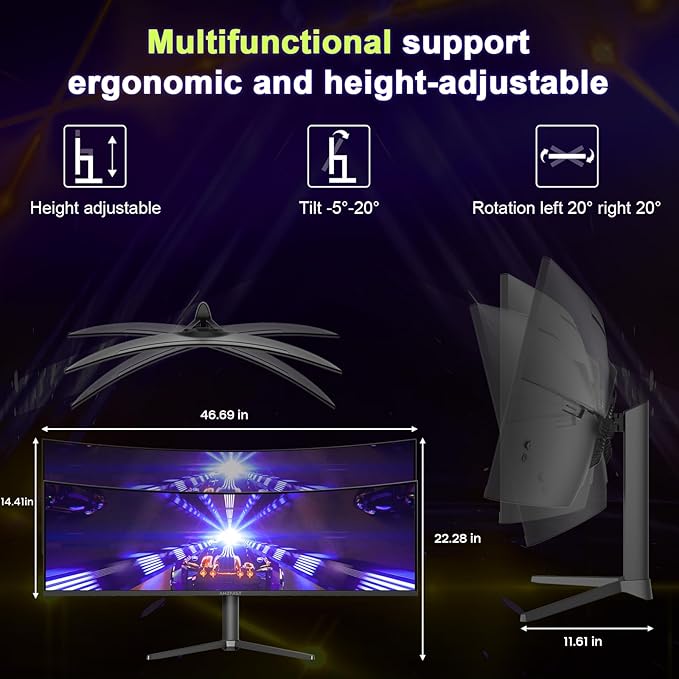 Amzfast 49 Inch Curved Monitor 120Hz DQHD 5120x1440p Ultrawide Gaming Monitor, 120% sRGB, 1500R, 1ms MPRT, HDR10, Adaptive Sync, PIP/PBP, Height Adjustable, HDMI 2.0/DP 1.4, VESA 75x75, AMZG49C7U