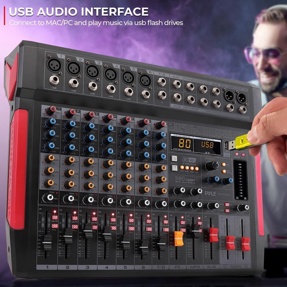 Pyle Professional DJ Audio Mixer Controller - 8Channel DJ Controller Sound Mixer w/ DSP 380 Preset Effects, Recording, USB, 6 XLR Mic/Line Input, AUX, FX Processor MP3 Player, Headphone Jack - PMX648