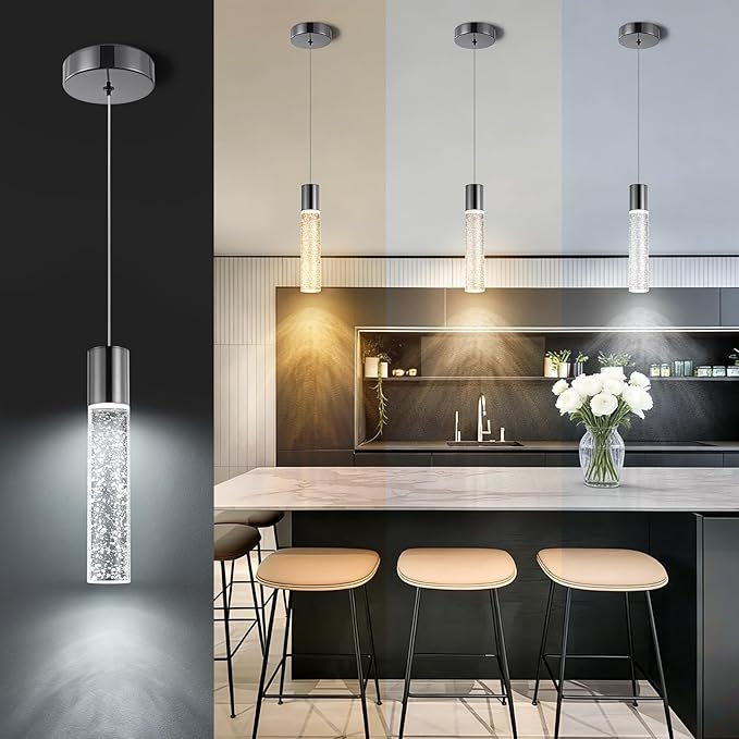 Pendant Lights Kitchen Island, 2700-6000K Modern Kitchen Island Lights,Black Dimmable Hanging Light Fixtures with Crystal Bubble, 12W LED Hanging Light for Dining Room, (1Pack)