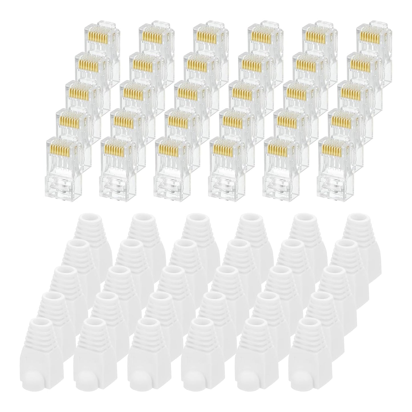 MECCANIXITY 100pcs Cat6 RJ45 Pass Through Connectors, RJ45 Connector 8P8C Gold Plated Plugs with 100pcs White Strain Relief Boots for Solid or Stranded UTP Ethernet Cable, 1.1mm