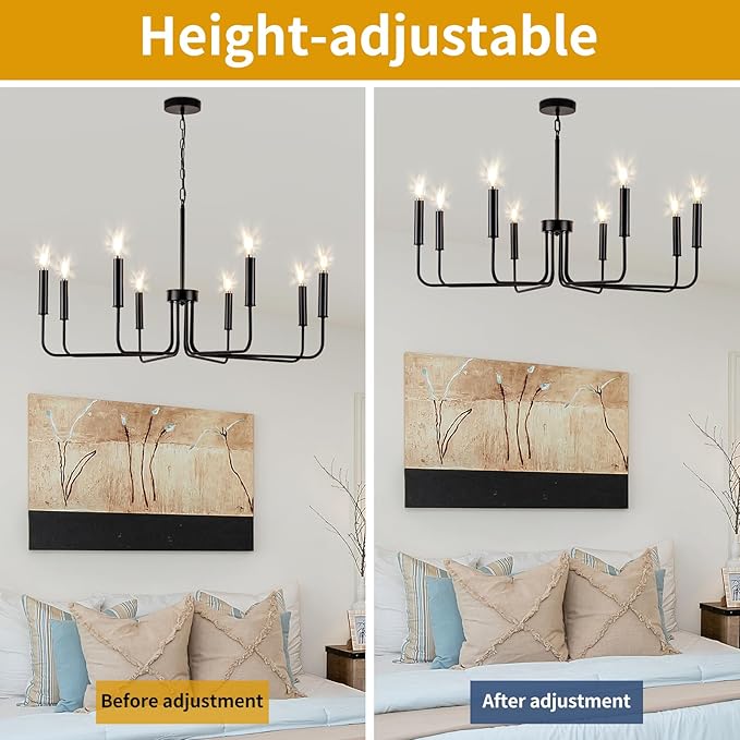 Farmhouse Candle Chandelier, 8 Light Rustic Black Ceiling Pendant Light Fixture, L-Arm Design Industrial Dining Room Hanging Lighting for Living Room, Entryway, Foyer, Kitchen Island