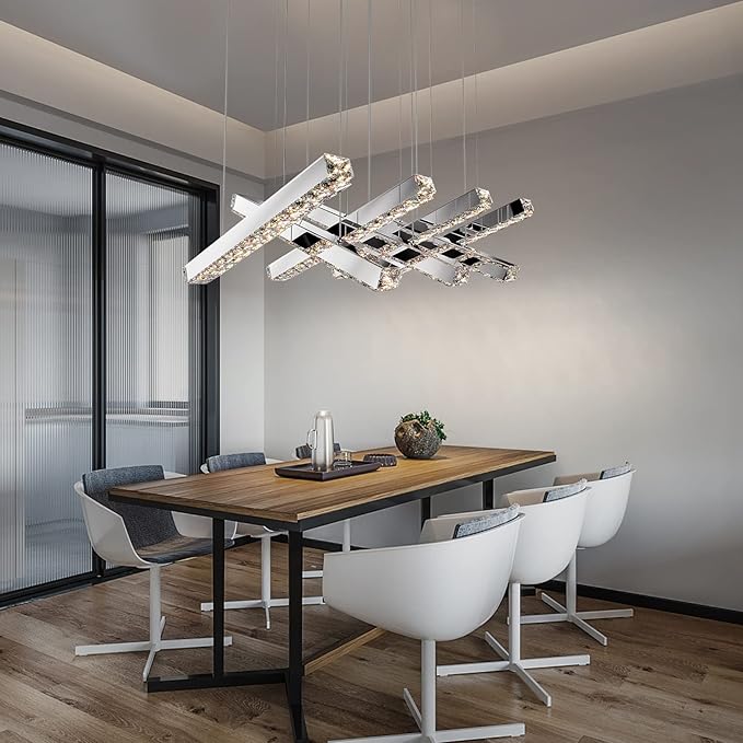 7-Light Linear Crystal Chandelier, LED Modern Chandelier, Chrome Pendant Light Fixture for Living Room Dining Room Kitchen
