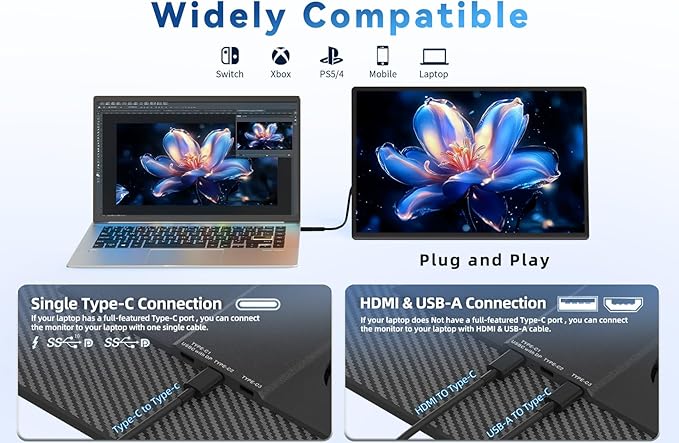 16" Portable Monitor for Laptop - 1200P FHD Laptop Screen Extender HDMI USB C Travel External Display with Stand Gaming Monitor for PC MAC Switch Phone Computer Xbox PS4/5