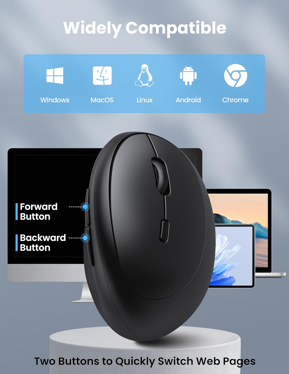 TECKNET Ergonomic Mouse, Bluetooth Wireless Vertical Mouse, Rechargeable Battery, Quiet Clicks, 4800 DPI Adjustable, BT5.0/3.0 & 2.4G Connect, Easy to use, Wide Compatibility - Black