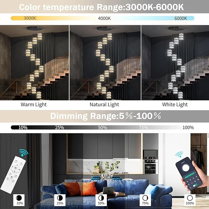12-Lights Modern Crystal LED Dimmable for Staircase Foyer High Ceiling Chandeliers Hallway Black