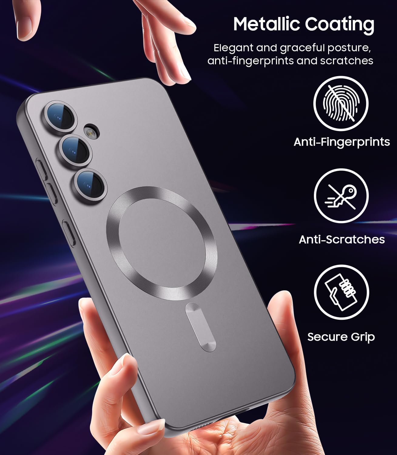Magnetic for Samsung Galaxy S24 FE Case [Compatible with MagSafe][Built-in Camera Lens Protector] Slim Soft Silicone Bumper Shockproof Metallic Luster Phone Cover (Titanium Gray)