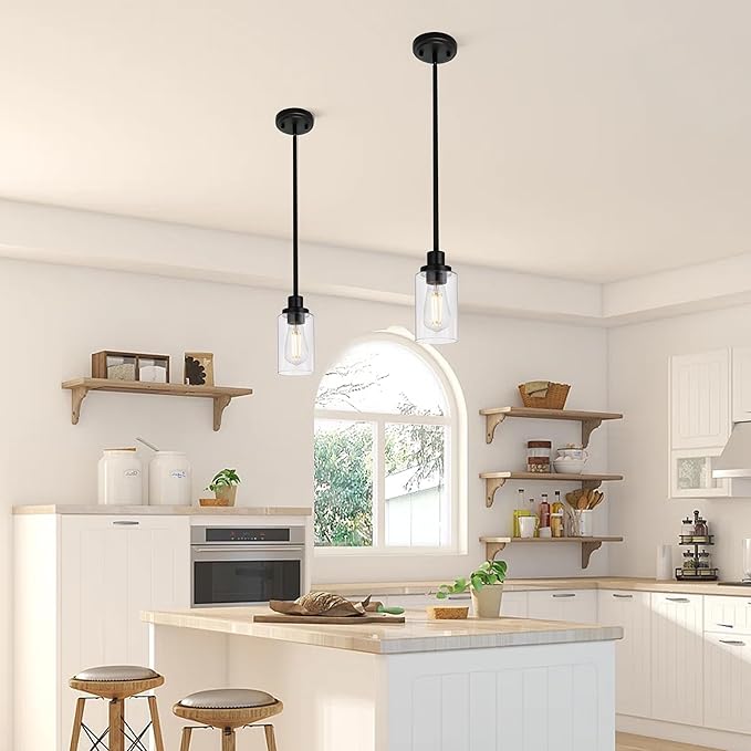 MELUCEE 2-Pack Pendant Light Black Adjustable Hanging Light Fixtures Ceiling with Clear Glass Shade, Set of Two Mini Pendant Lighting for Kitchen Island Hallway Porch Corridor