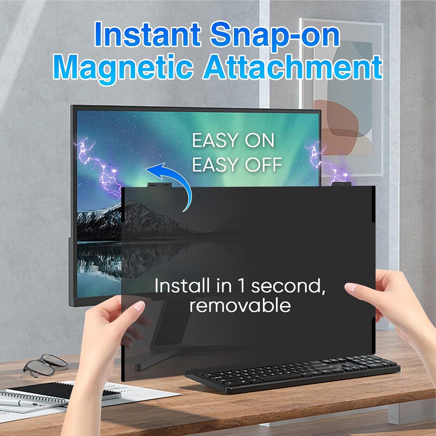 Magnetic Computer Privacy Screen 24 Inch, Removable Hanging Privacy Screen Shield for Frameless Monitor 16:9 Widescreen, Anti Blue Light Privacy Filter, Anti-Glare Protector