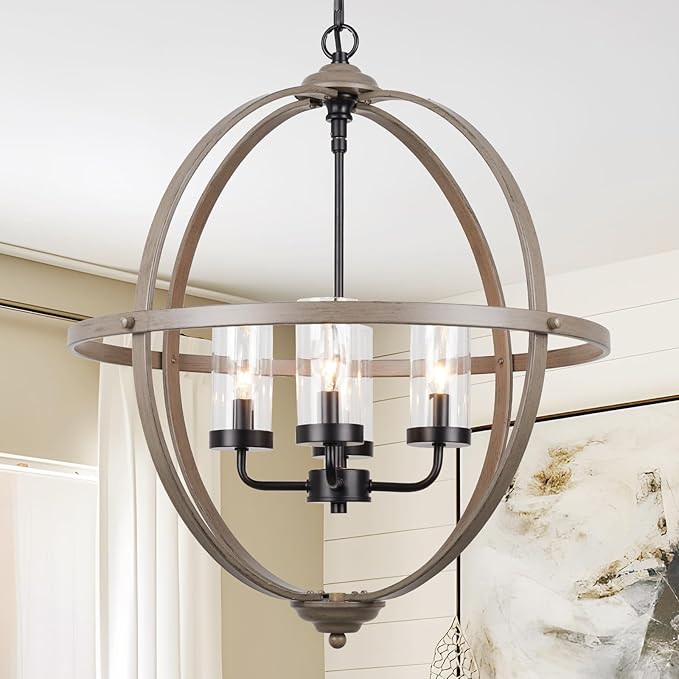 Farmhouse Chandelier, 17" Industrial Rustic Globe Sphere Orb Chandelier Wood Grain, 4-Light for Dining Room Entryway Kitchen Island Foyer