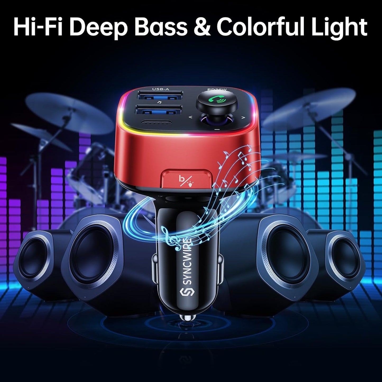 Syncwire Bluetooth 5.4 FM Transmitter Car Adapter 48W (PD 36W & 12W) [Light Switch] [Hi-Fi Deep Bass] [Fast Charge] Wireless Radio Music Adapter LED Display Hands-Free Calling Support USB Drive, Red