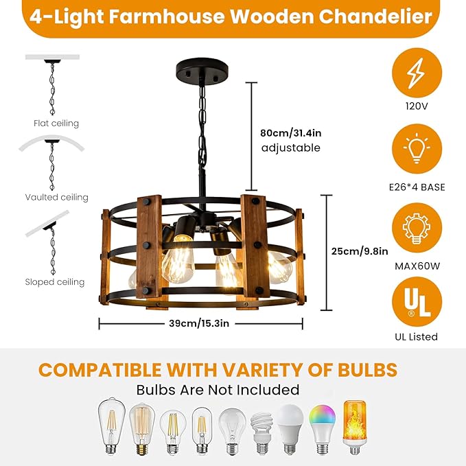 Rustic Farmhouse Chandelier, 4 Lights Pendant Light Fixture, Adjustable Height, Brown Vintage Wood Hanging Pendant Lighting for Entryway Kitchen Island Foyer Dining Room Living Room Bedroom