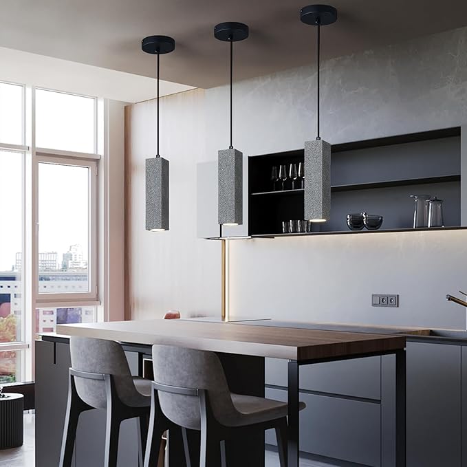 Modern Black Square LED Concrete Pendant Light Kitchen Islandceiling Light Fixture Pendant Lighting for Dining Room Coffee Club Resturant Bar Living Room(1-Pack)