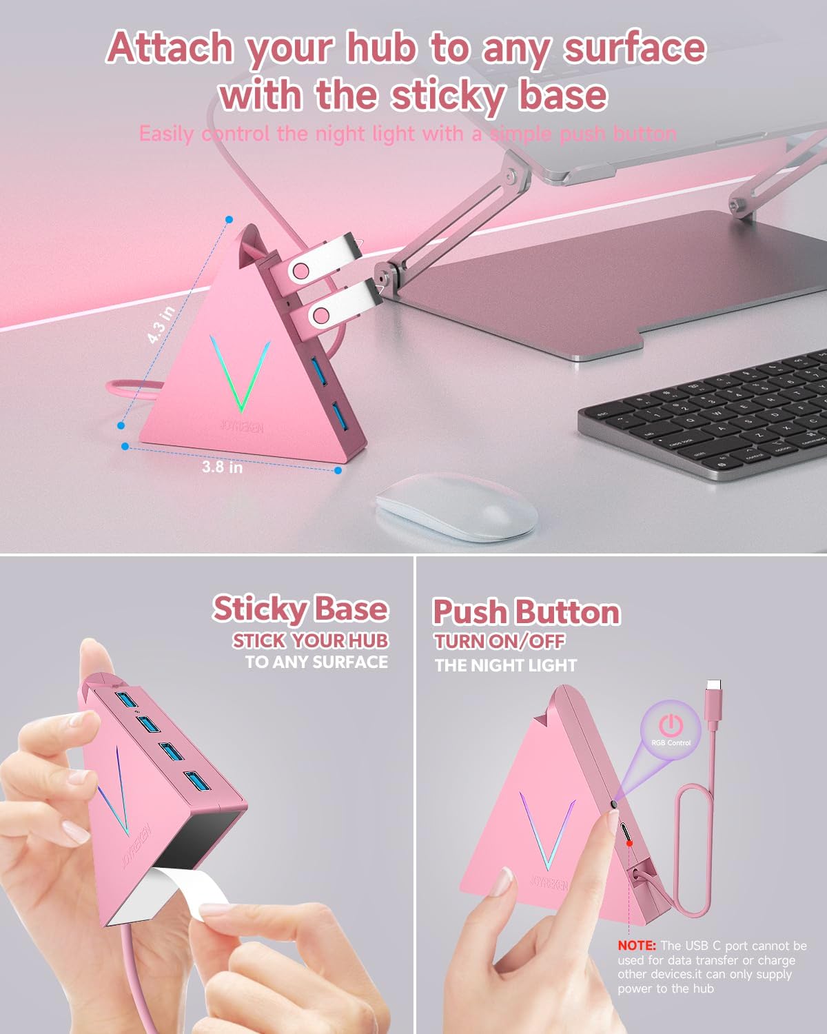 USB C Hub, Type C to 4 USB 3.0 Ports with 2 FT Extension Cables,Thunderbolt to USB Hub Adapter for iPad Pro/Air, MacBook Pro, Mac mini, iMac, Surface,XPS, Mouse, External Hard Drives(Pink)