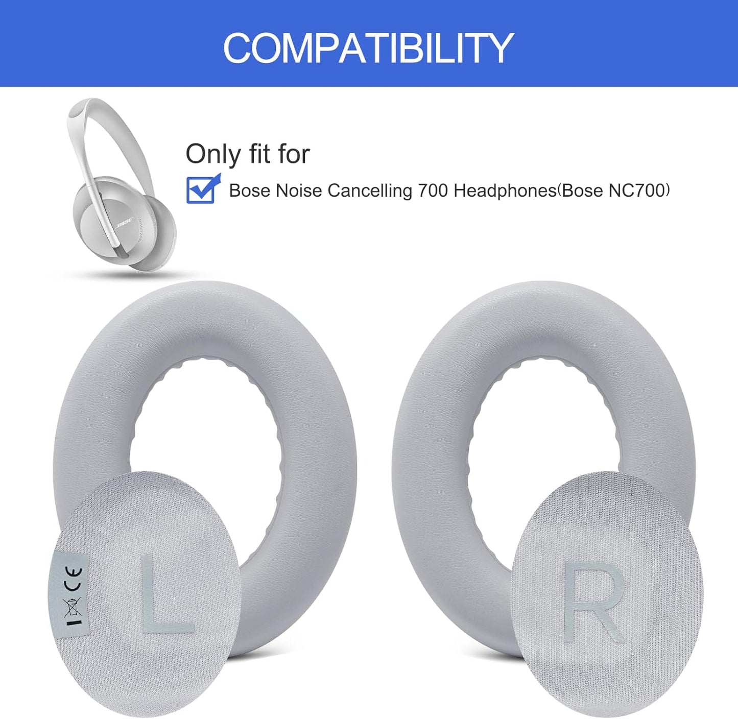 Replacement Ear Pads for Bose NC700 Noise Cancelling Headphones, Upgrade Protein Leather Earpad Cushions for Bose 700 Over-Ear Headset (Silver)