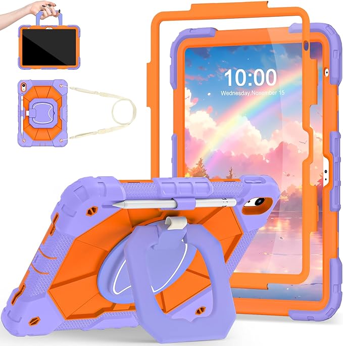 Case for iPad (A16) 11th/10th Generation 2025/2022,10th Gen iPad Case with Screen Protector 360° Rotating Stand,Heavy Duty Shockproof Cover for i Pad 11.0/10.9,Purple Orange