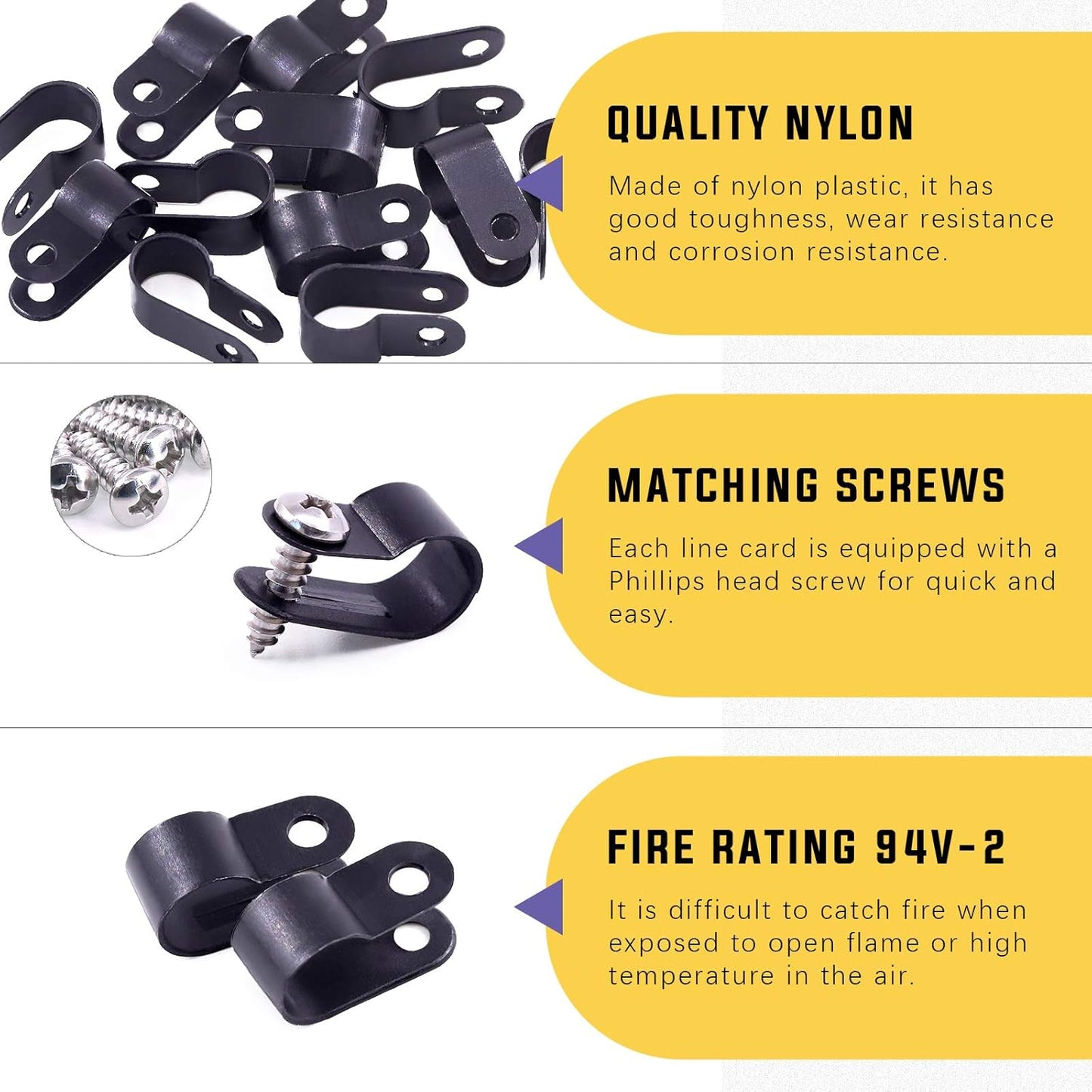 Swpeet 120 Pack Black 3/8 Inch Nylon Plastic R-Type Cable Clips Clamp Kit, Nylon Screw Mounting Cord Fastener Clips with 120 Pack Screws for Wire Management (3/8 Inch, Black)