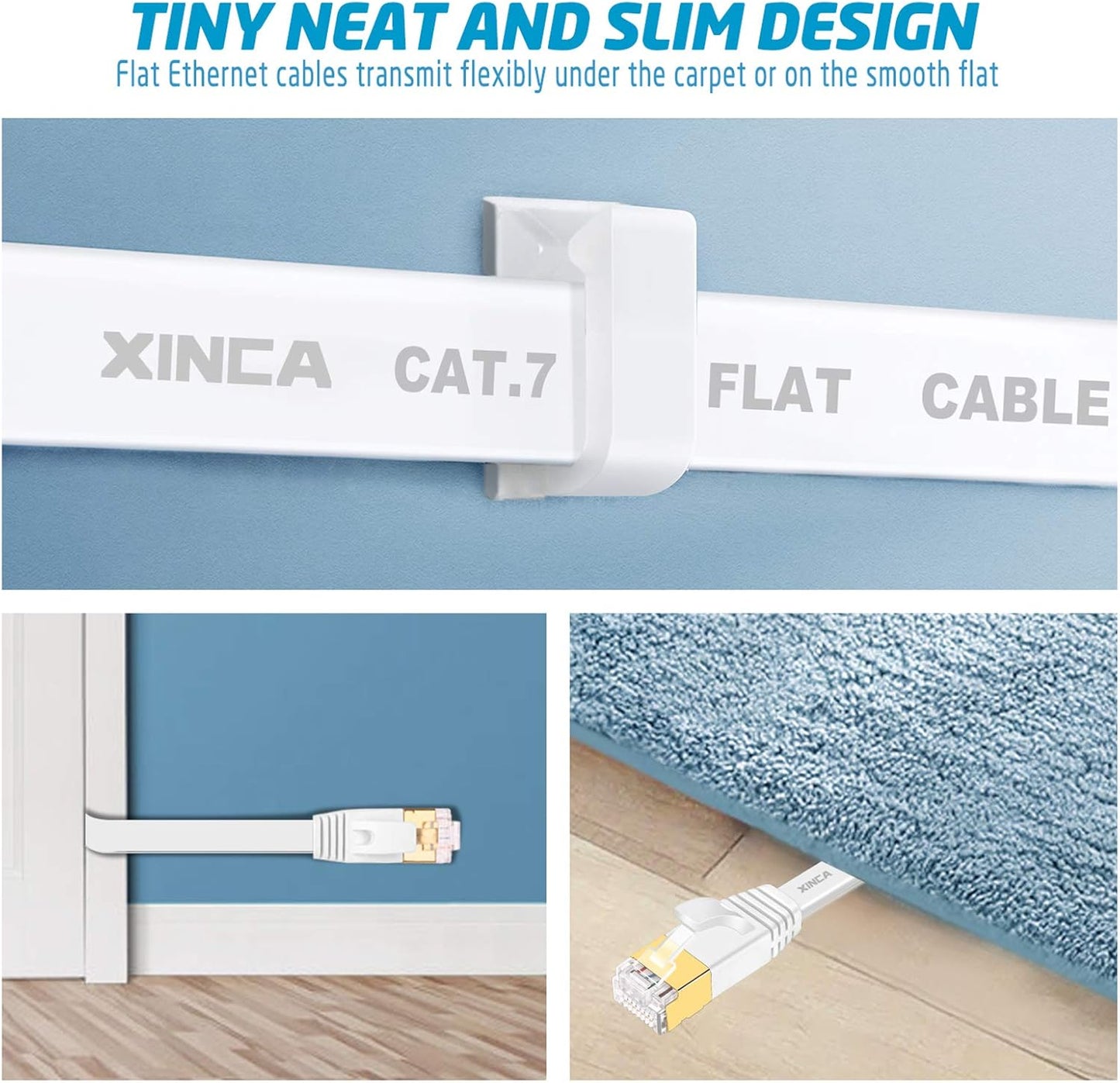 Cat 7 Flat Ethernet Cable 100ft White, High Speed 10GB Shielded (STP) LAN Internet Network Cable Ethernet Patch Computer Cable with Rj45 Connectors and 50pcs Adhesive Cable Clips