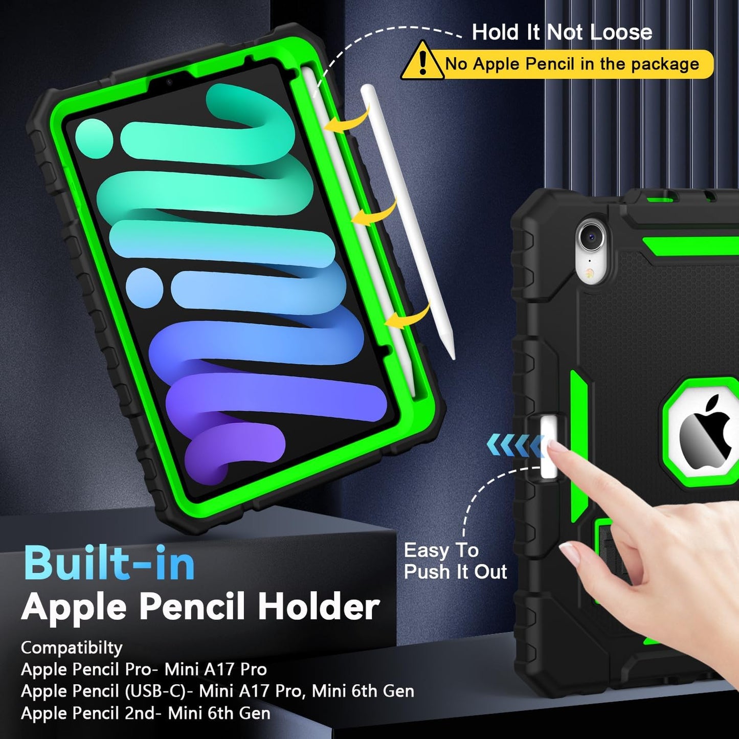 Grifobes Case for iPad mini 7 (A17 Pro) 2024 / Mini 6 2021 8.3 inch, Heavy Duty Shockproof Rugged Cover with Pencil Holder Stand, for I Pad Mini7th/6th Gen 8.3" Case for Kids Boys (Black+Green)
