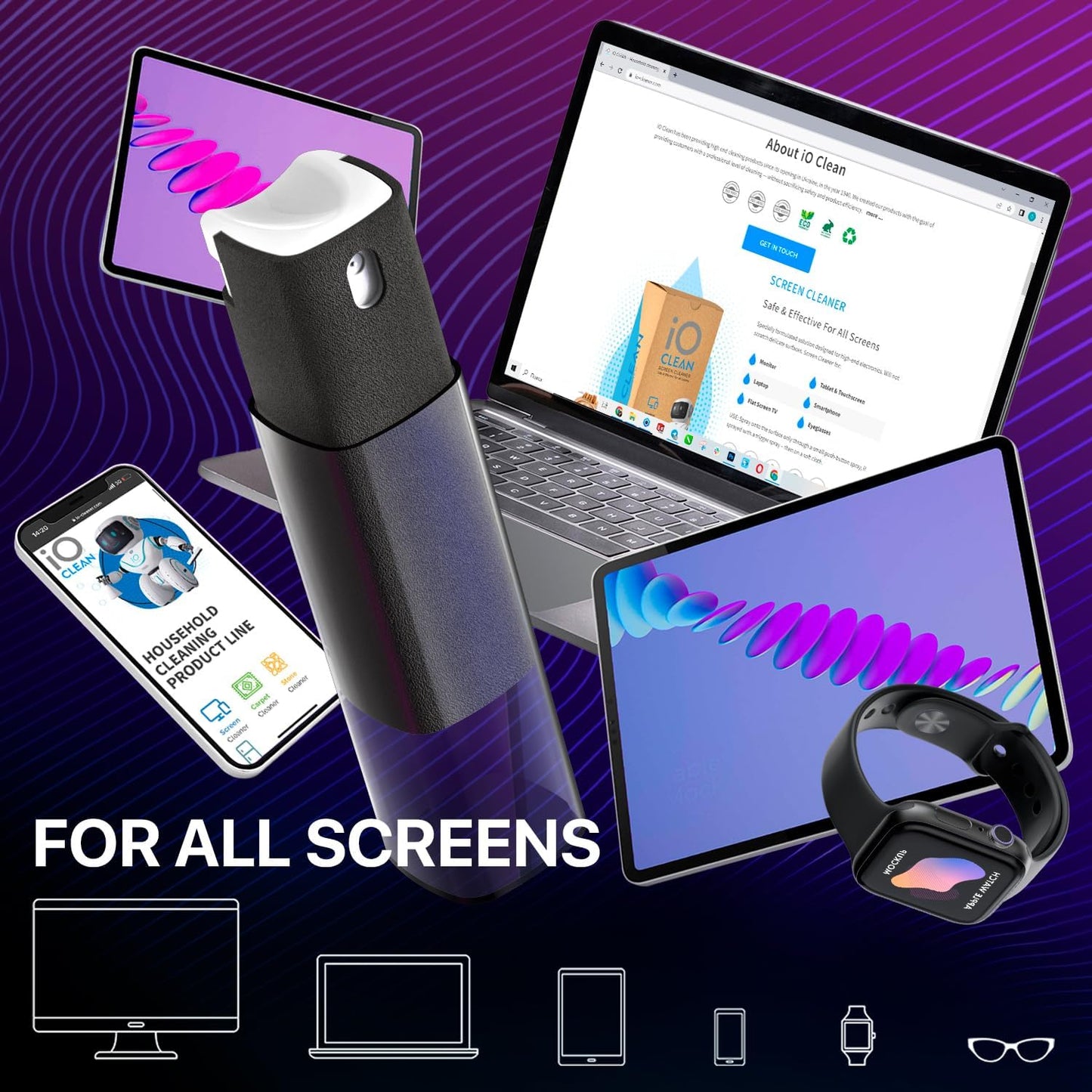 Mini Screen Cleaner Spray – Finger Proof Screen Cleaner for Smartphones, iPads, MacBooks, Laptops, Car Screens, Touchscreens – 3 in1 Mist Cleaner, Microfiber Cloth and Protective Cover (Blue)