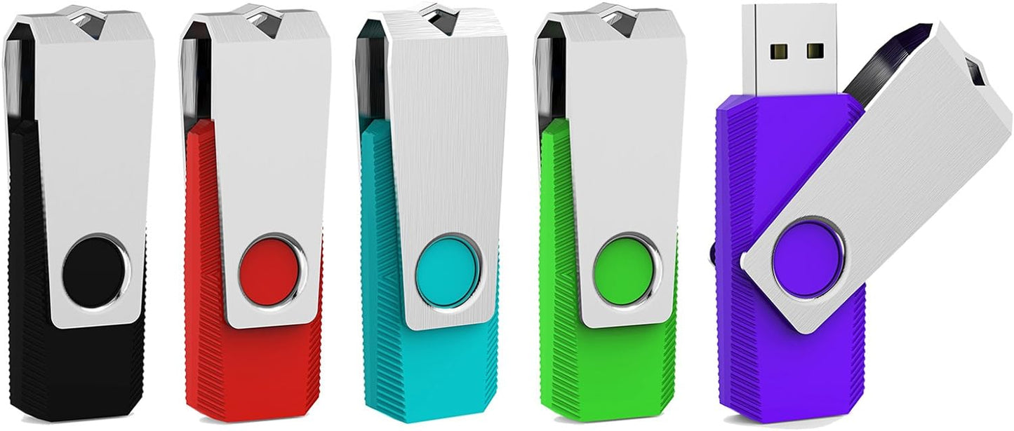 Aiibe 5 Pack 32GB Flash Drive USB Flash Drive USB 2.0 Thumb Drive Swivel U Disk Memory Stick 32 GB Multi Pack USB Drives with Led Light (32G, 5 Colors: Black Red Cyan Green Purple)