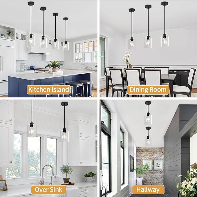 3 Pack Glass Pendant Lights Kitchen Island, Modern Black Pendant Lighting Over Island Hanging Light Fixtures Kitchen Ceiling Lamp Farmhouse Mini Chandeliers for Hallway Entryway Bedroom Dining Room