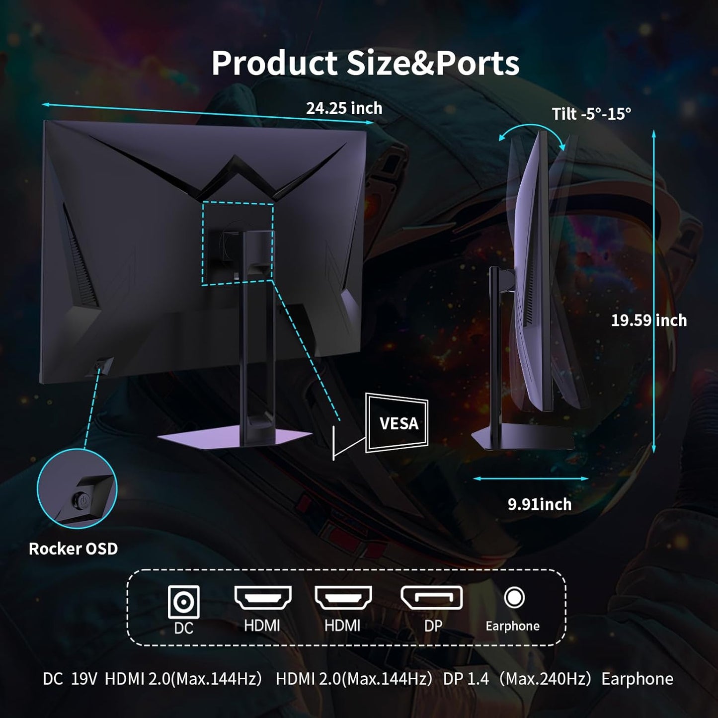 KTC 27'' 240hz Gaming Monitor 1440p(2560× 1440) 144Hz 1ms Fast HVA HDR400 130% sRGB HDMI & DisplayPort AdaptiveSync VESA Tilt Eye Care