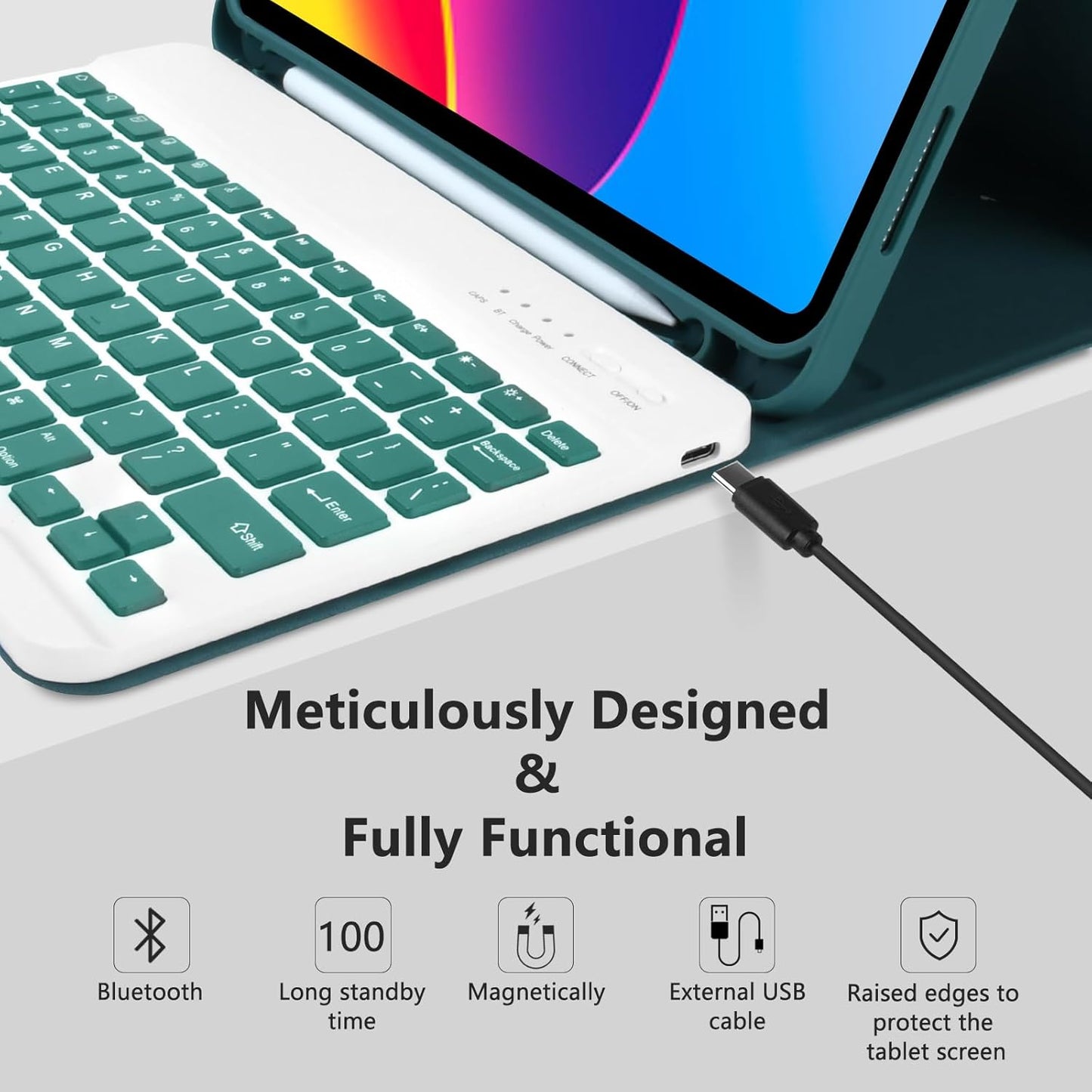 MMK iPad A16 Case (2025, 11"), iPad 10th Generation Case with Keyboard (2022, 10.9"), Wireless Detachable Keyboard, Pencil Holder (Dark Green)