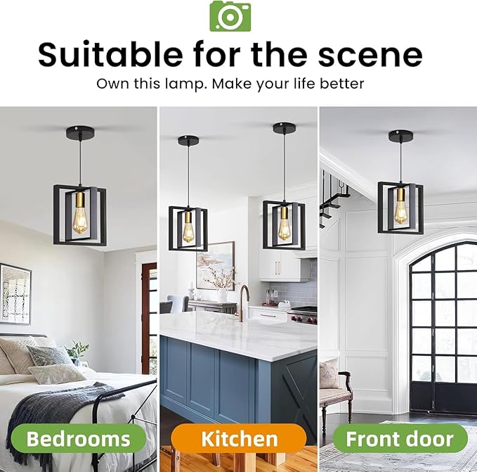 2 Pack Black Industrial Farmhouse Pendant Light, Vintage Metal Rustic Hanging Lights, Adjustable Height Kitchen Island Pendant Lights Fixture, Mini Ceiling Lamp for Entryway, Dining Room, Foyer