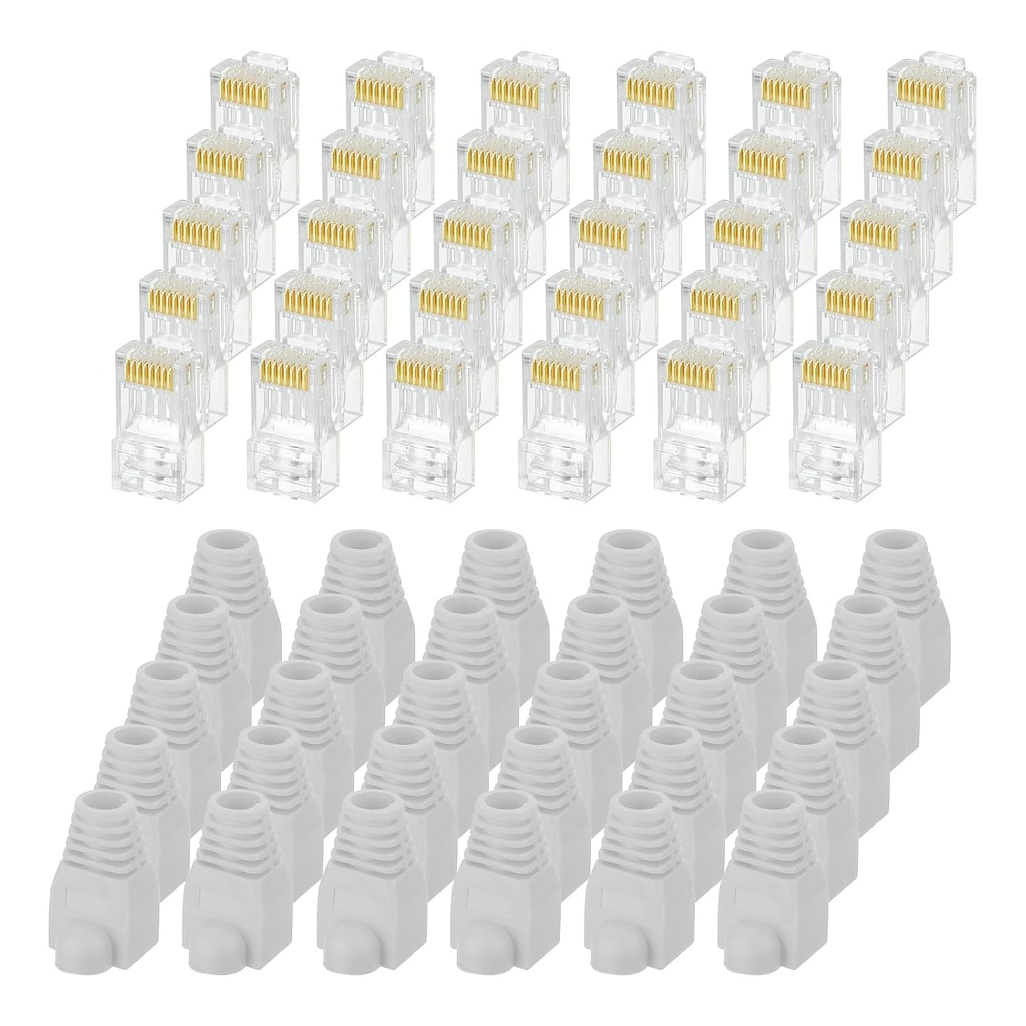 MECCANIXITY 100pcs Cat6 RJ45 Pass Through Connectors, RJ45 Connector 8P8C Gold Plated Plugs with 100pcs Light Grey Strain Relief Boots for Solid or Stranded UTP Ethernet Cable, 1.1mm