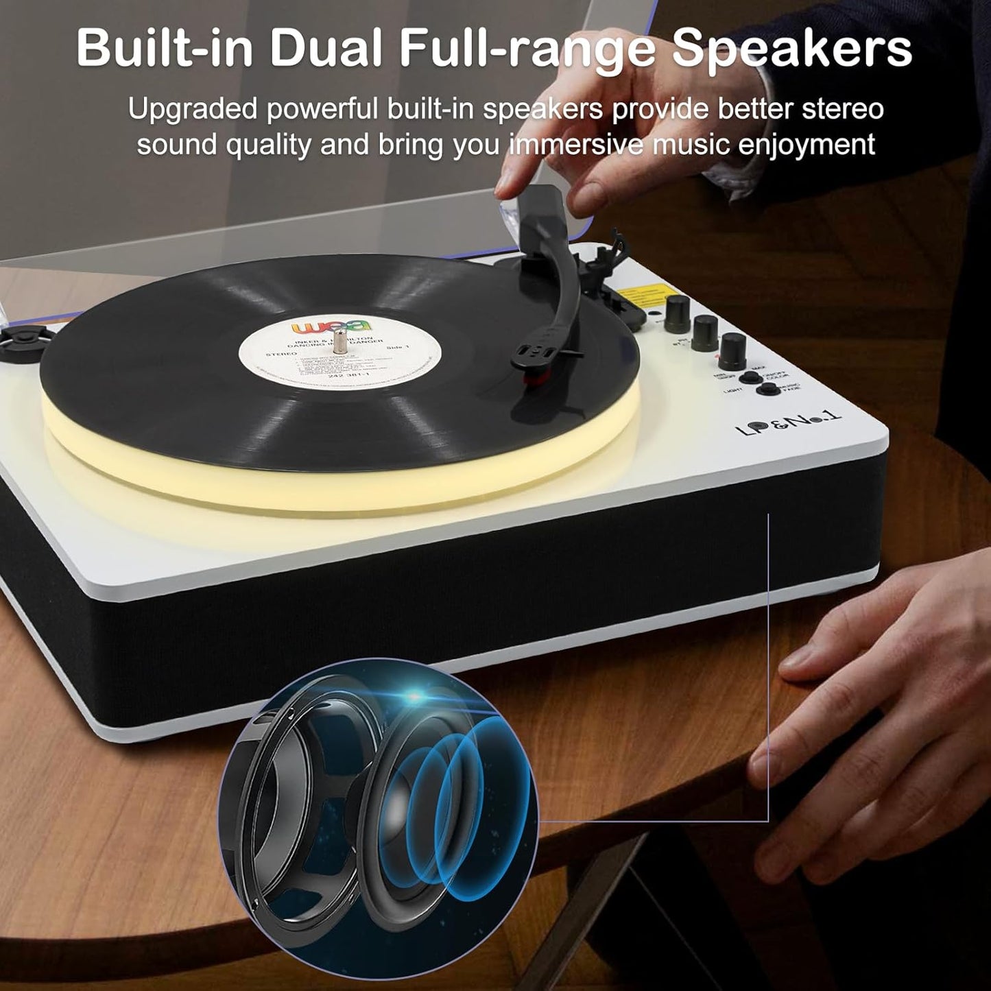 LP&No.1 Record Player with Built-in Stereo Speakers, LED Control, 3-Speed Belt-Drive Vinyl Turntable with USB Playback & Recording, Wireless BT Input & Output, Auto Stop, Pitch Control | White Pearl