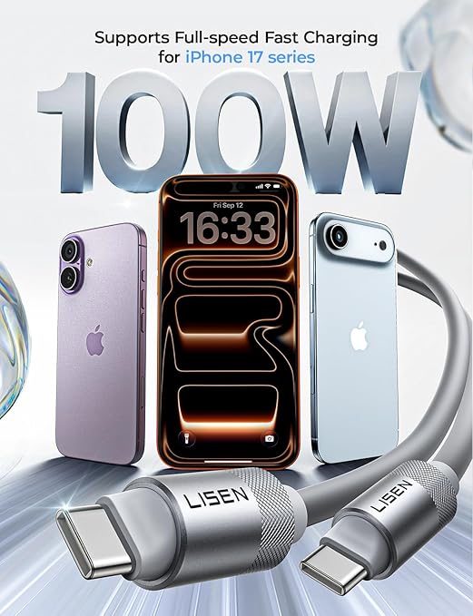 LISEN USB C Cable (6FT,100W) Soft Silicone USB C to USB C Fast Charging Cable, USBC to USBC for Switch 2 iPhone 16 Pro Max Charger Cord, Samsung Z Flip 7/S25, iPhone 15, MacBook Pro/Air, iPad