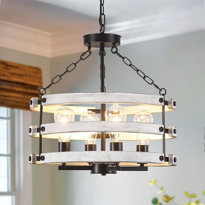 Luupyia Rustic Farmhouse Chandelier, 18.89 Inches White Drum Farmhouse Foyer Chandeliers Island Light, Rustic Vintage Pendant Light Fixture for Dining Room Entryway 4Lights E26