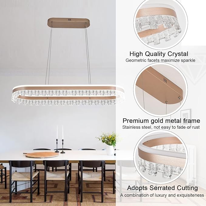 Modern Chandelier for Dining Room,Gold Led Crystal Chandelier Light Fixture Dimmable Pendant Light for Kitchen Island Lighting 3000K-6500K with Remote