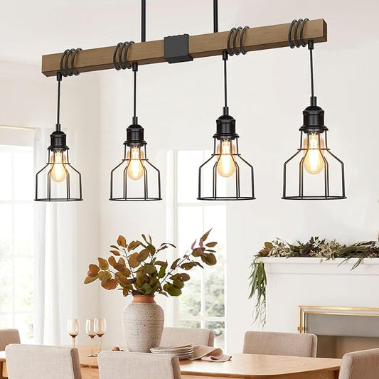 4-Light Kitchen Island Lighting, 63" Adjustable Height Pendant Light Fixtures Black Metal & Rustic Wood Modern Dining Room Chandelier Over Table with E26 Base for Farmhouse Bar