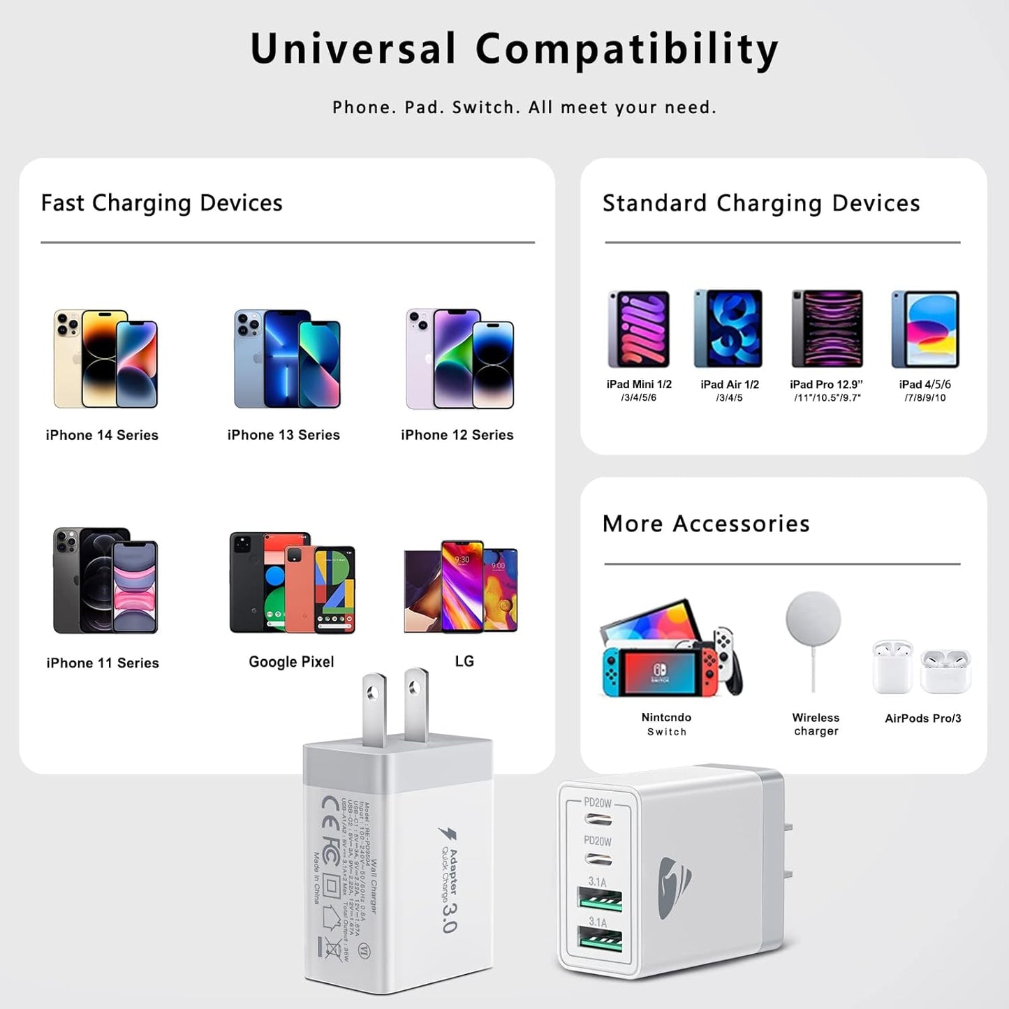 [2-Pack] USB C Wall Charger, 40W Fast USB C Charger Block, 4-Port PD Power Adapter + QC Wall Plug Multiport Type C Charging Block Cube Compatible with iPhone 16 15 14 13 12 11 Pro Max XR XS 8, Samsung