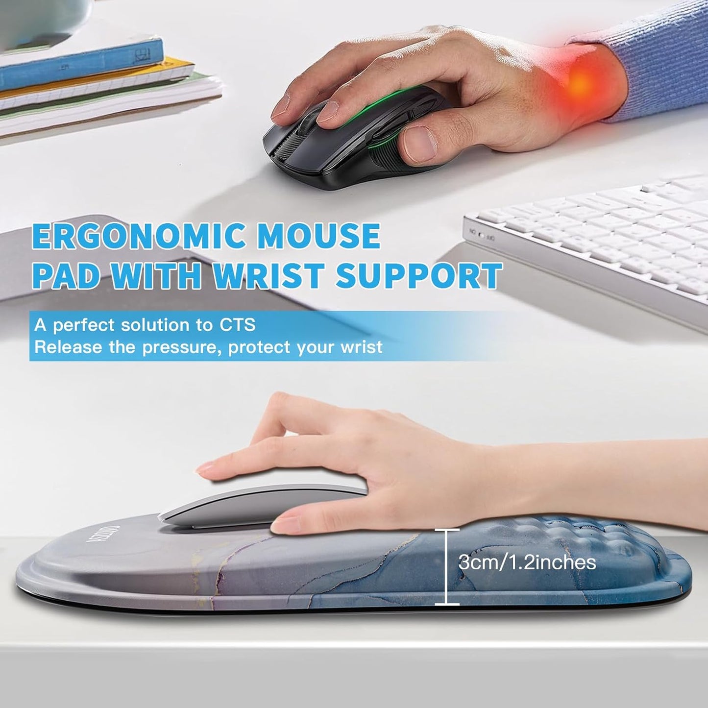 Mouse Pad with Wrist Rest, Ergonomic Mousepads with Wrist Support, Soft Lycra Fabric Memory Foam Office Desk Accessories for Comfort/Pain Relief/PC Gaming/Computer/Laptop (Pink Cyan Marble)