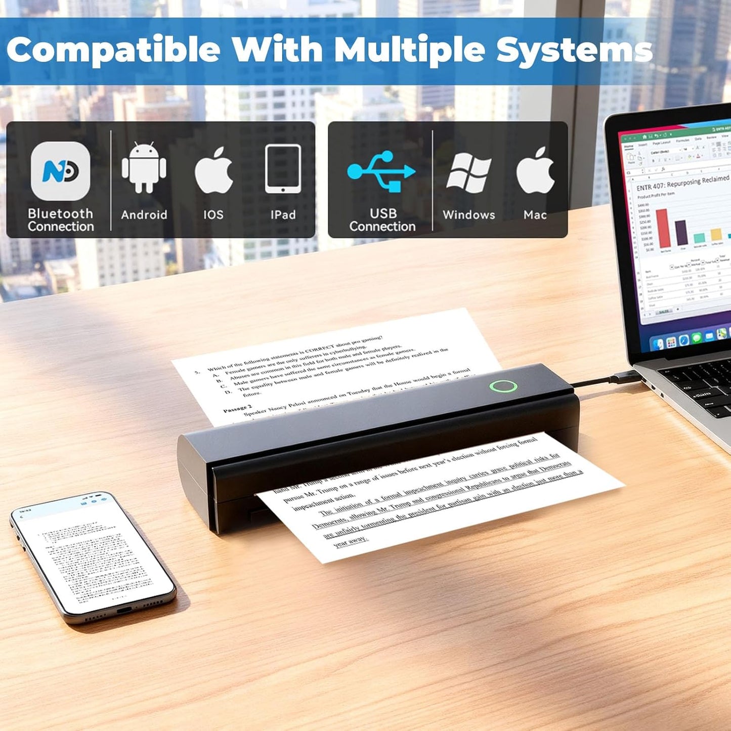 Portable Thermal Printer For Travel - N80 Inkless Bluetooth Printers, Wireless Impresora Portátil with 8.5"x11" US Letter Thermal Paper, Compatible with Phone, iOS, Android, Laptop For Home Office Car