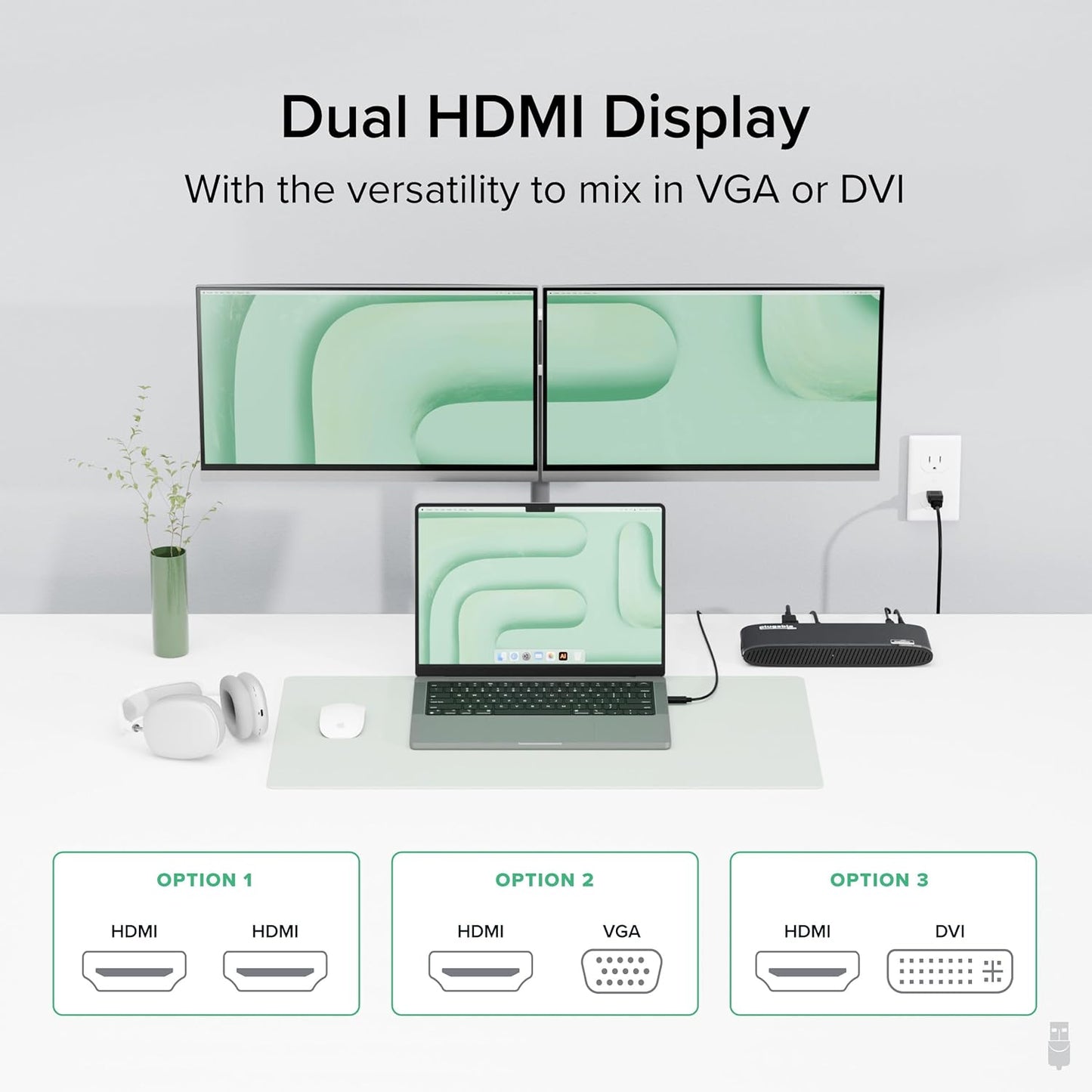 Plugable USB 3.0 Universal Docking Station for Windows, macOS, ChromeOS (Dual HDMI Monitors or DVI/VGA, Gigabit Ethernet, Audio, 6 USB Ports)