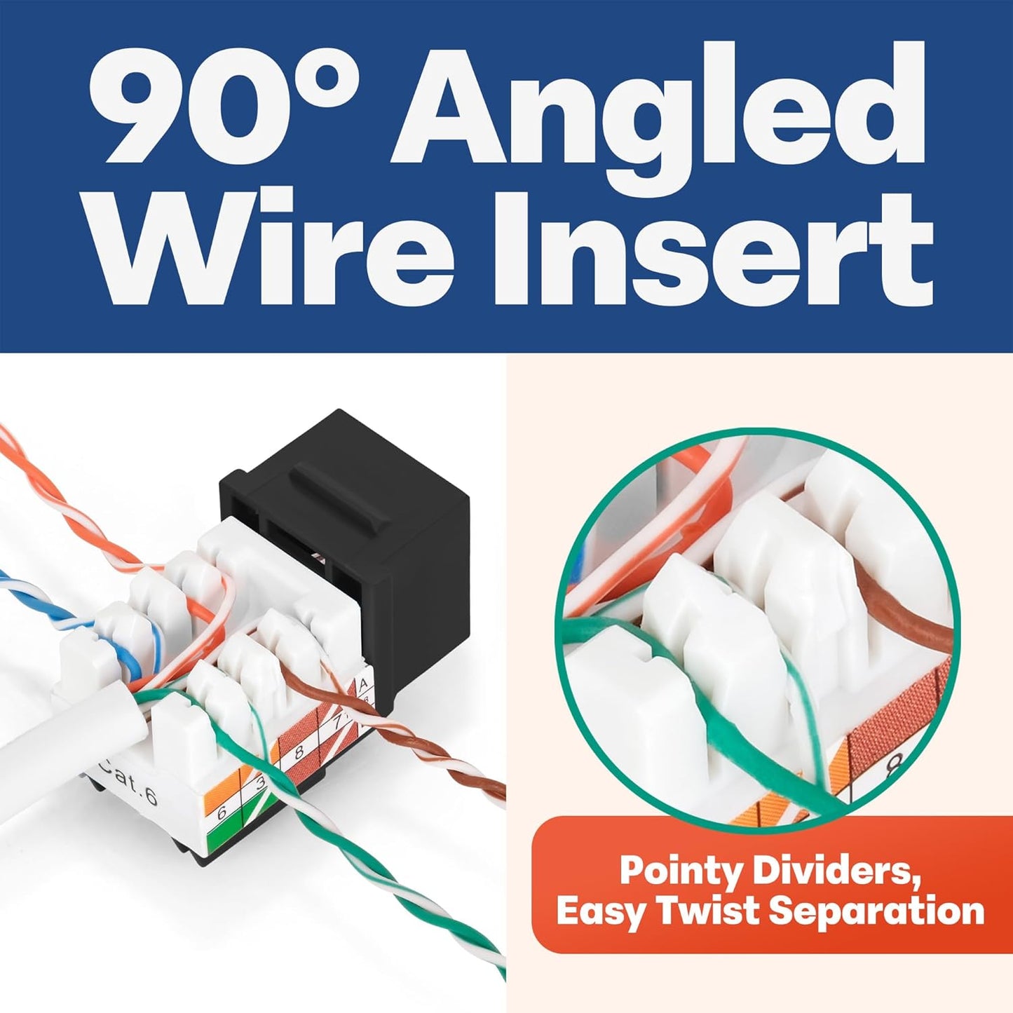 Everest 90° Angled RJ45 Cat6 Keystone Jacks 50-Pack in Black - Slim Profile Female RJ45 Connectors - Cat 6 Keystone Jack - Compatible with 90° Angled Speed Termination Tool - easyJACK (B094WB91H3)