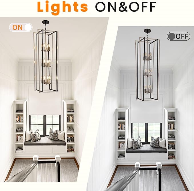 WJShome 12-Light Modern Chandelier, Large Chandeliers for High Ceilings, Farmhouse Foyer Lighting Fixtures, 3 Tier Lantern Pendant Light, Industrial Chandelier for Entryway Staircase, Black & Silver
