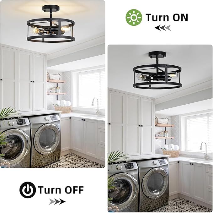 Farmhouse Semi Flush Mount Ceiling Lights, 2-Light Black Metal Cage Rustic Chandelier, Industrial Pendant Lighting for Hallway, Bedroom, Kitchen, Foyer, Living Room, Dining Room, Entryway