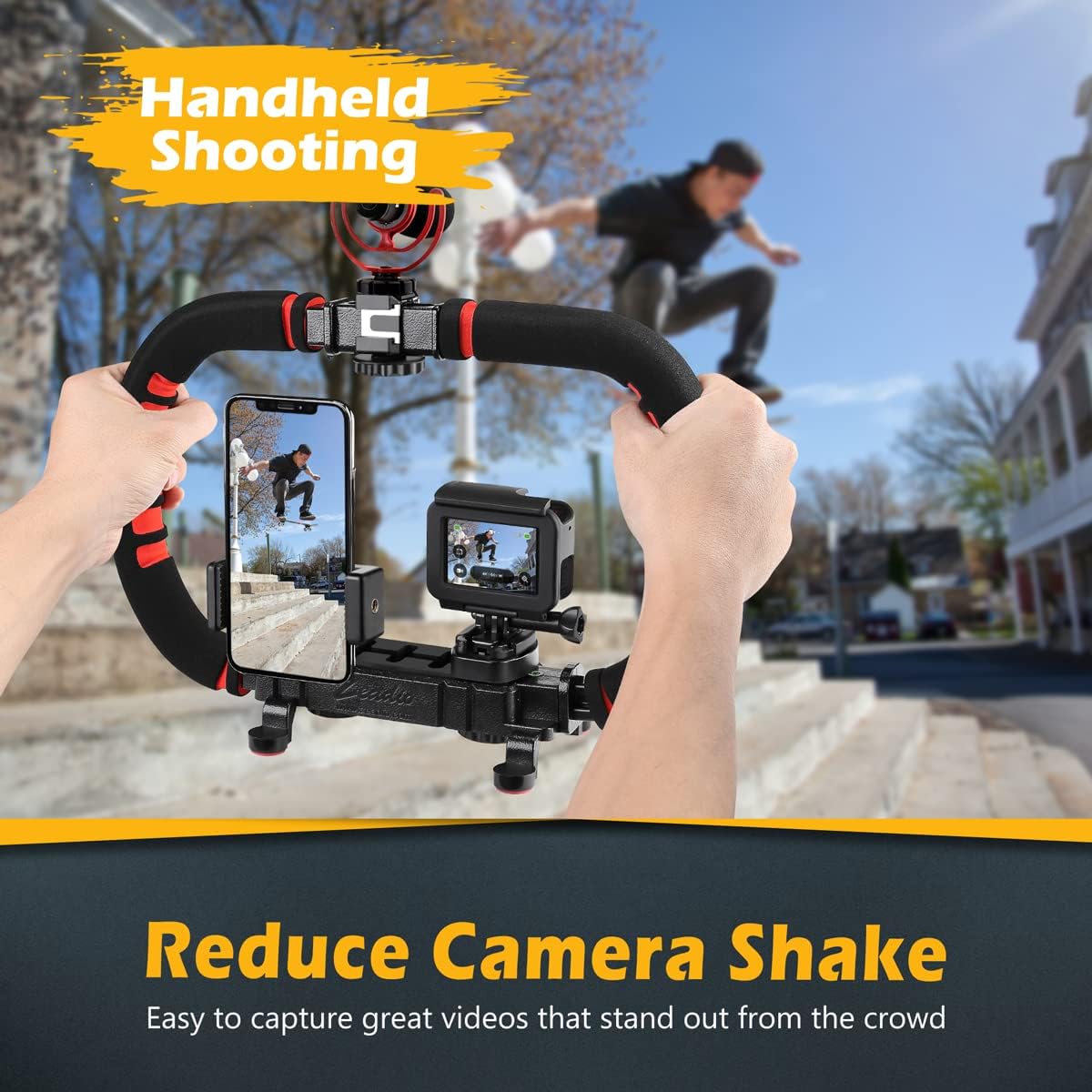 Zeadio Camera Smartphone Stabilizer, Handle Grip Handheld Video Rig, Compatibility with All Camera, Camcorder, Action Camera, DSLR and for All iPhone and Android Smartphones