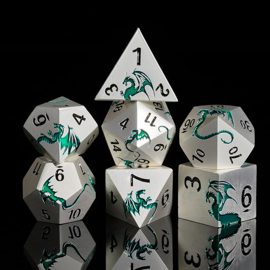 Metal DND Dice Set,Blue Dragon Heavy Metal Dice Set D&D,Dungeons and Dragon TTRPG Role Playing Table Games(Sliver Green Dragon)