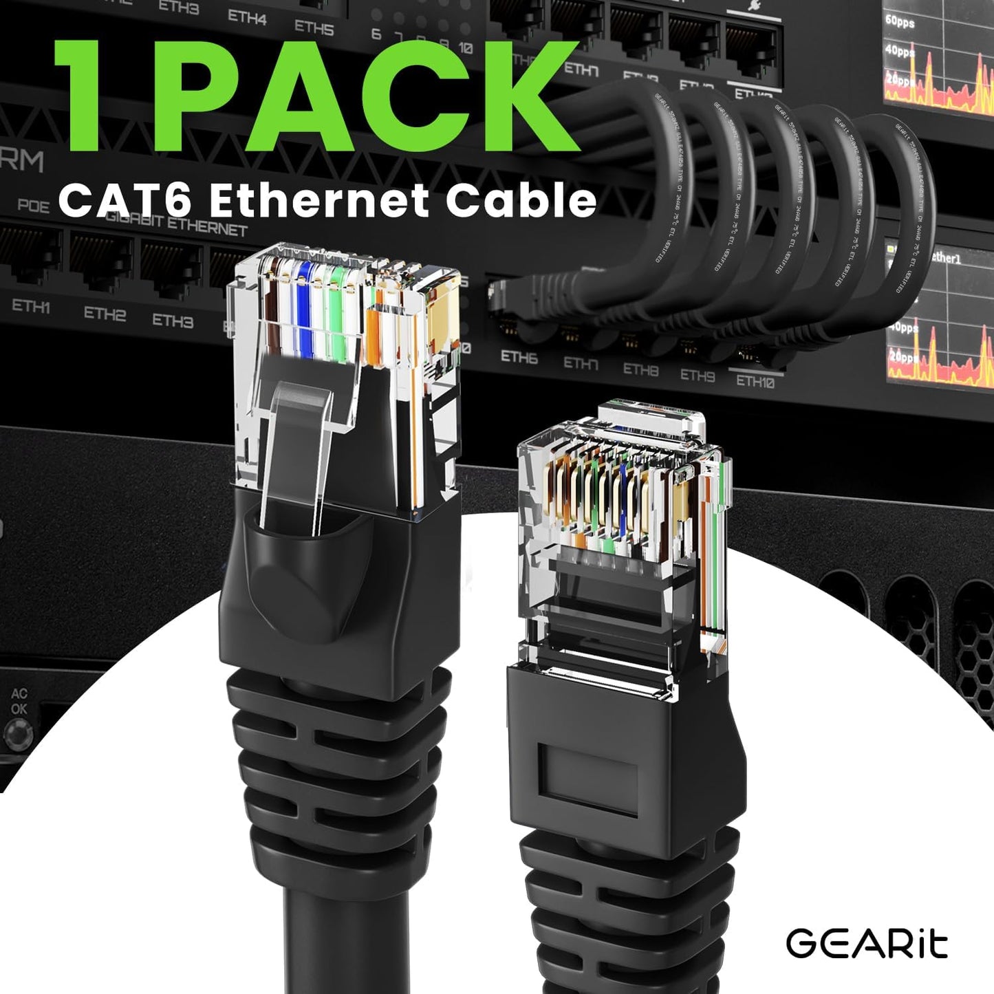 GEARit Cat 6 Ethernet Cable (1-Pack 35 Feet) Cat6 Network Patch, 10Gbps, RJ45, Snagless Cord, Gold-Plated Connectors, Internet for PC, TV, Tablet, Router, Printer, Servers, IT Data Center - Black