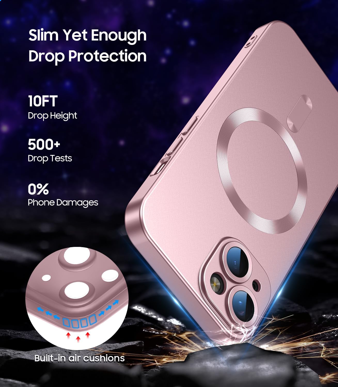 Magnetic for iPhone 14 Plus Case [Compatible with MagSafe][Built-in Camera Lens Protector] Slim Soft Silicone Bumper Shockproof Metallic Luster Phone Case (Rose Gold)