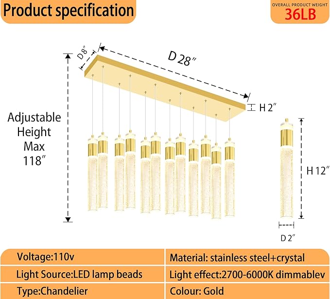 Glam Rectangular Crystal Column Chandelier for High Ceiling 12-Lights Gold LED Dimmable Pendant Light for Kitchen Island Dining Room Entrance Foyer Living Room Adjustable Height