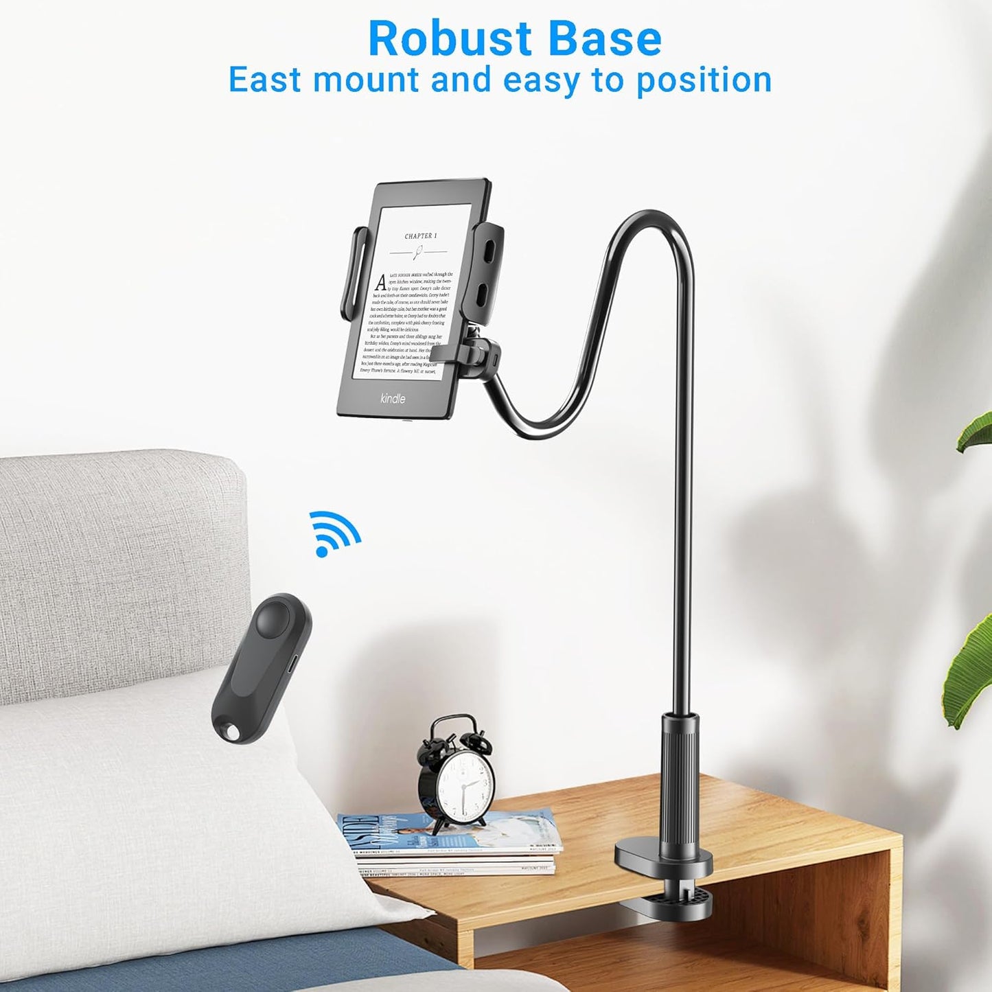 Gooseneck Tablet Holder for Kindle Reading in Bed with Page Turner Remote, Hands Free Desk Bedside Lazy Arm Stand for Kindle Accessories, Gifts for Readers