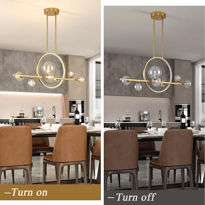 Modern 7-Light Gold Kitchen Island Light for Dining Room, 37.4" Minimalist Dimmable LED Linear Pendant Lights with Globe Glass Shade, Ceiling Light Fixture Hanging for Dining Room, Office, Kitchen